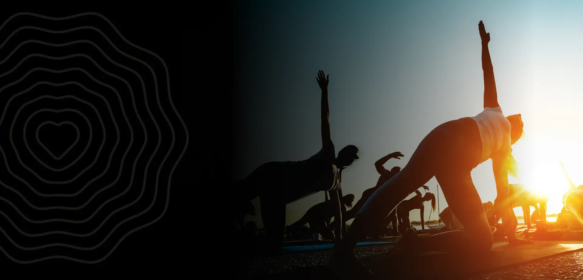 A group holding a yoga pose in silhouette against a low sun