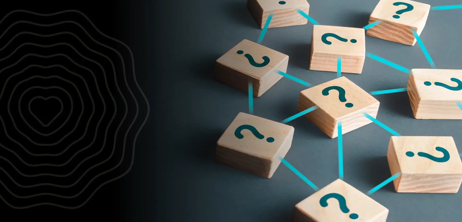 Wooden blocks marked with question marks connected by lines