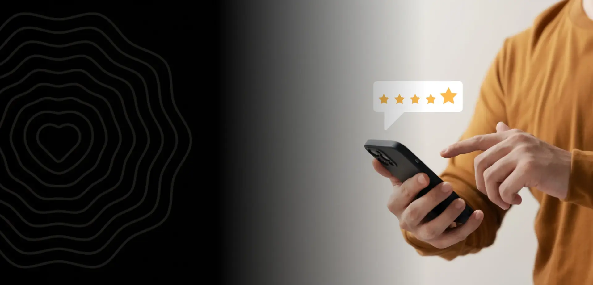 A person reading a five star review on their phone